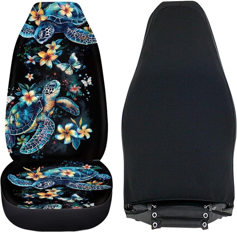 Howilath Sea Turtle Floral Car Front Seat Cover for Men Women Stretchy Bucket Seat Covers High Back Accessories Interior Decor - 2 Piece - Image 4
